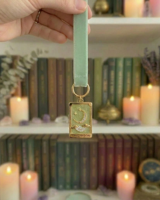 Sage green velvet ribbon bookmark with the moon tarot card customisable charms