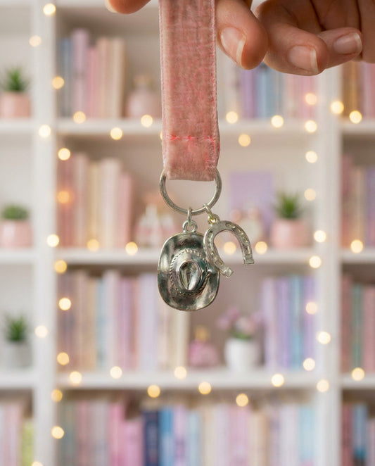 Pink velvet ribbon bookmark with cowboy customisable charms