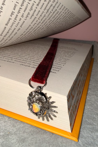 Red velvet ribbon bookmark with sun and moon customisable charms