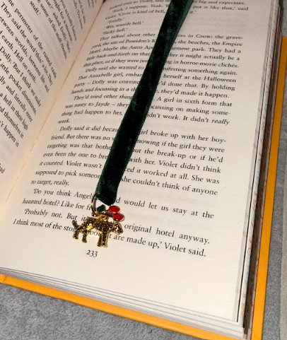Green velvet ribbon bookmark with gold leopard and cherry customisable charms