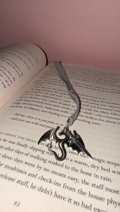 Silver velvet ribbon bookmark with dragon and sword customisable charms